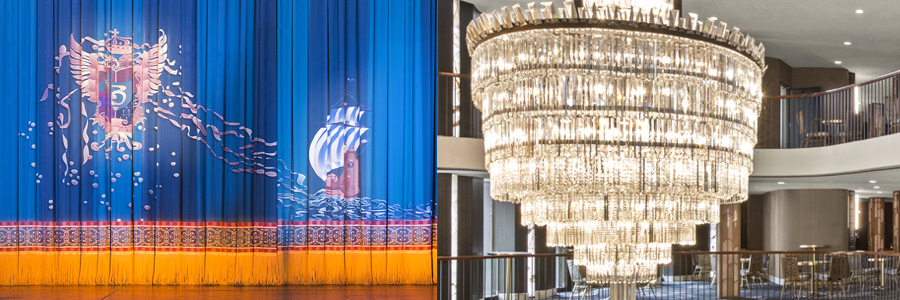 Detail of artwork on the Balboa Theater curtain on the left, and close-up of the Civic Theatre Grand Salon chandelier on the right.