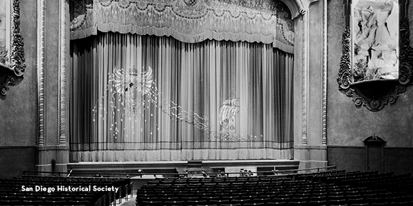 1920s Balboa Theatre view of the stage and curtain from the floor seats.