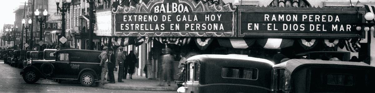 1920s Balboa Theater exterior featuring the marquee and cars.