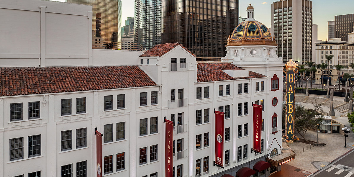 Aerial, exterior view of the Balboa Theater, lookin north on Fourth Avenue.