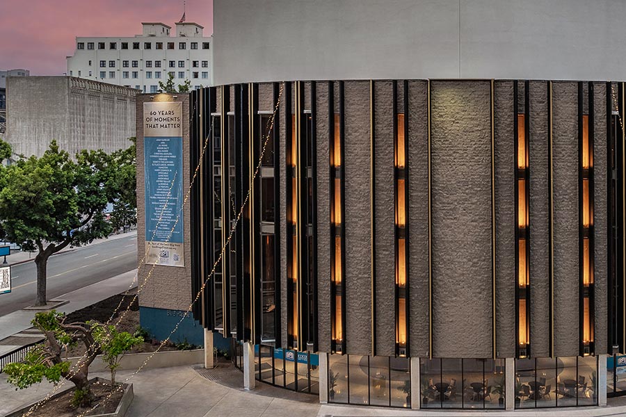 Exterior of Civic Theater at dusk